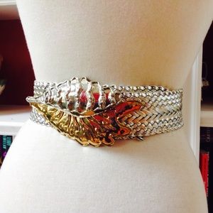 1980's Silver Gold Leaf Buckle Belt Metallic Woven